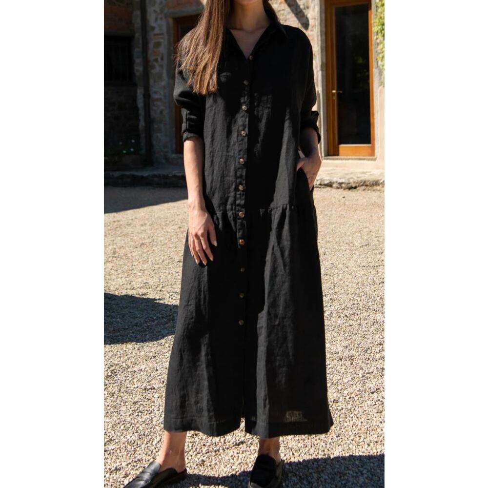 Sauths Sofia Maxi Dress Women L Black 100% Linen Lagenlook Bohemian comfy resort